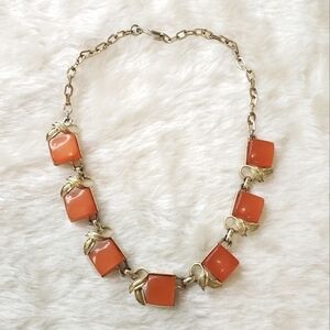 VINTAGE Coro 1950s Gold Tone Thermoset Orange Square Bead Link Necklace Collar